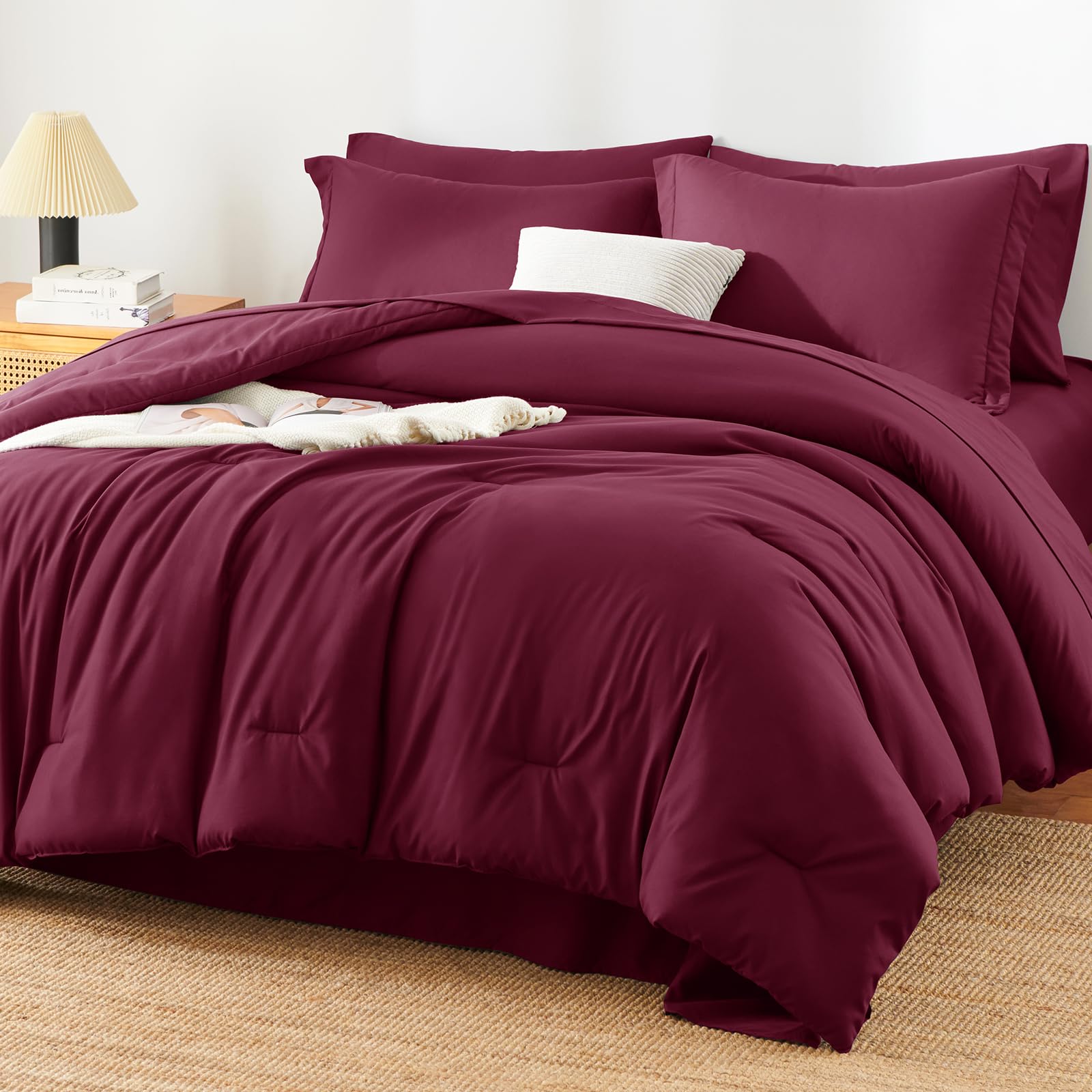 HIMEET Queen Comforter Set - 7 Pieces Bed in a Bag Queen Size, Luxury Comforter Set with Sheets for All Season, Bed Set with Comforter, Flat Sheet, Fitted Sheet, Pillowcases & Shams, Burgundy Image