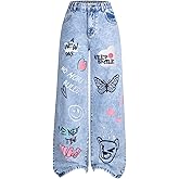BEAUDRM Girl's Baggy Jeans Heart Print Jeans Wide Leg Y2k Cute Denim Pants with Pockets Size 8-12
