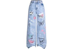 BEAUDRM Girl's Y2k Graphic Jeans Butterfly Print Jeans Elastic High Waisted Straight Leg Denim Pants