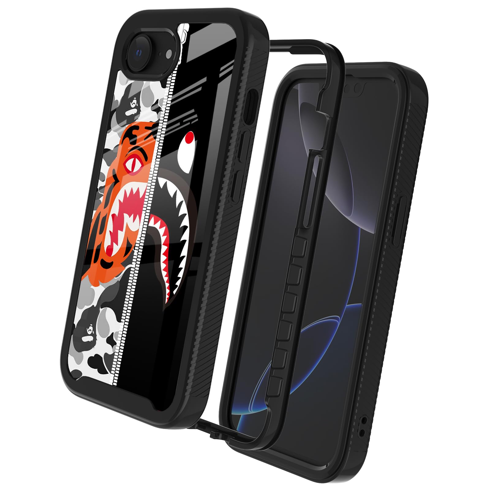 GUGU6JI Street Fashion Cool Camo Tiger and Shark Design Compatible with iPhone 16e Case for Boys Man Luxury Shockproof Rugged Cover Dual Layer Soft TPU + Hard PC Bumper Full-Body Protective Case
