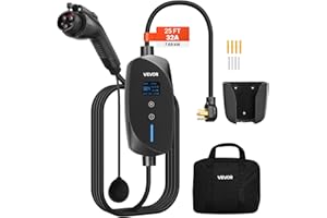 VEVOR Level 2 EV Charger, 32 Amp Adjustable Current, 240V Electric Vehicle Portable Charger with 25 ft Charging Cable, NEMA 14-50P Plug, LCD Display, Plug-in Home Car Charging Station for SAE J1772 EV