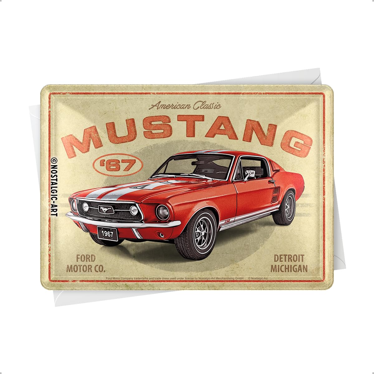 Nostalgic-Art Retro Tin Postcard, 10 x 14 cm, Ford Mustang - GT 1967 Red - Gift Idea for Ford Accessories Fans, Original Licensed Product (OLP), Metal Postcard, Mini Tin Sign as Greeting Card