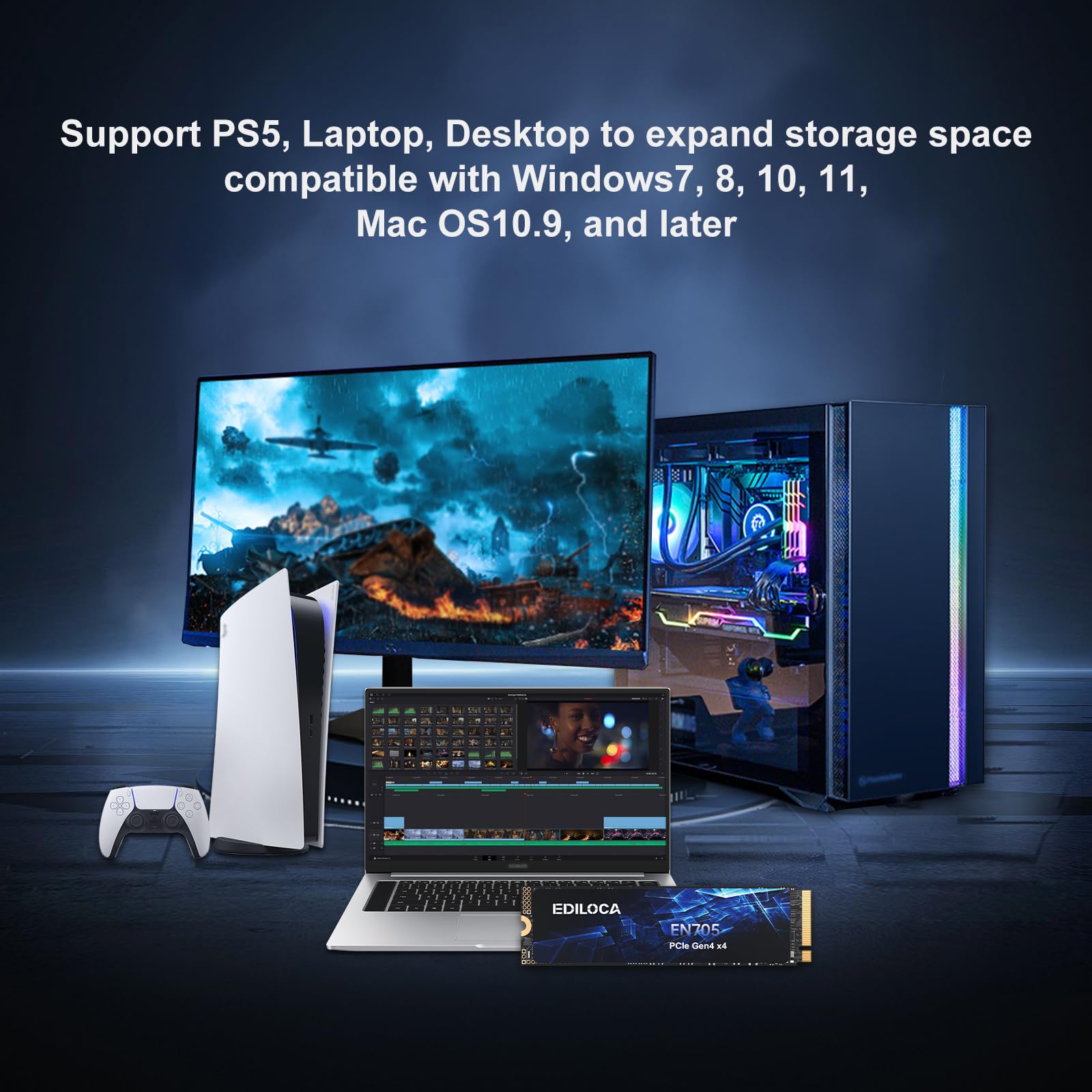 Ediloca 4TB SSD NVMe M.2 2280 PCIe Gen4 x4 Internal Solid State Drive - Up to 5000MB/s, 4TB SSD PS5 Dynamic SLC Cache, PS5 Compatible for Gaming PC Laptop(EN705)