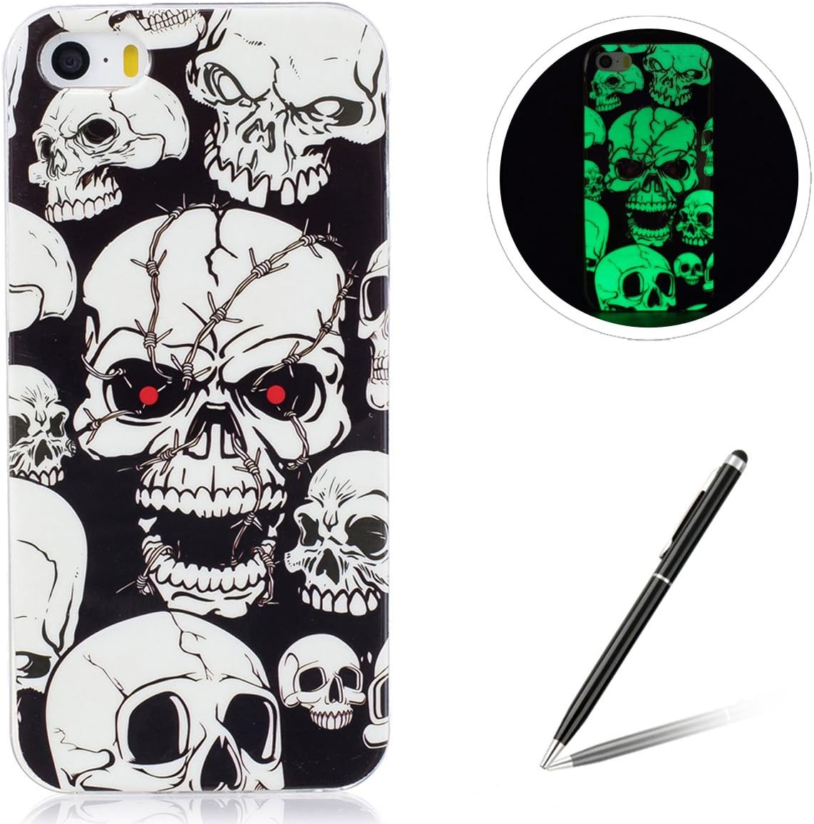 Feeltech for iPhone 5/5S/SE Case Luminous Effect Back Cover Noctilucent Green Soft Slim TPU Gel Bumper Cartoon Cute Skull