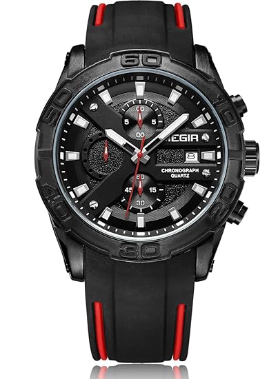 MEGIR Herren Armbanduhr Analog Quarz mit schwarz - rotem Silikon Armband & großem Ziffernblatt wasserdicht bis 30M