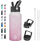 BJPKPK Insulated Water Bottles with Straw Lid, 32oz Metal Large Water Bottle with 3 Lids, Reusable Leak Proof BPA Free Thermo, Stainless Steel Tumblers for Sports, Gym, Travel-Blossom