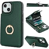 Folosu Compatible with iPhone 13 Case Wallet with Card Holder, 360°Rotation Finger Ring Holder Kickstand Protective RFID Blocking PU Leather Double Buttons Flip Shockproof 6.1 Inch Dark Green