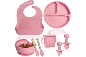 Bluet B - Silicone Baby Feeding Set - Baby Led Weaning Supplies - Baby Spoons, Suction Bowl - Plate - Baby Utensils - Silicone Feeding Set for Baby First Foods, Infant Eating - 8pcs - Pink