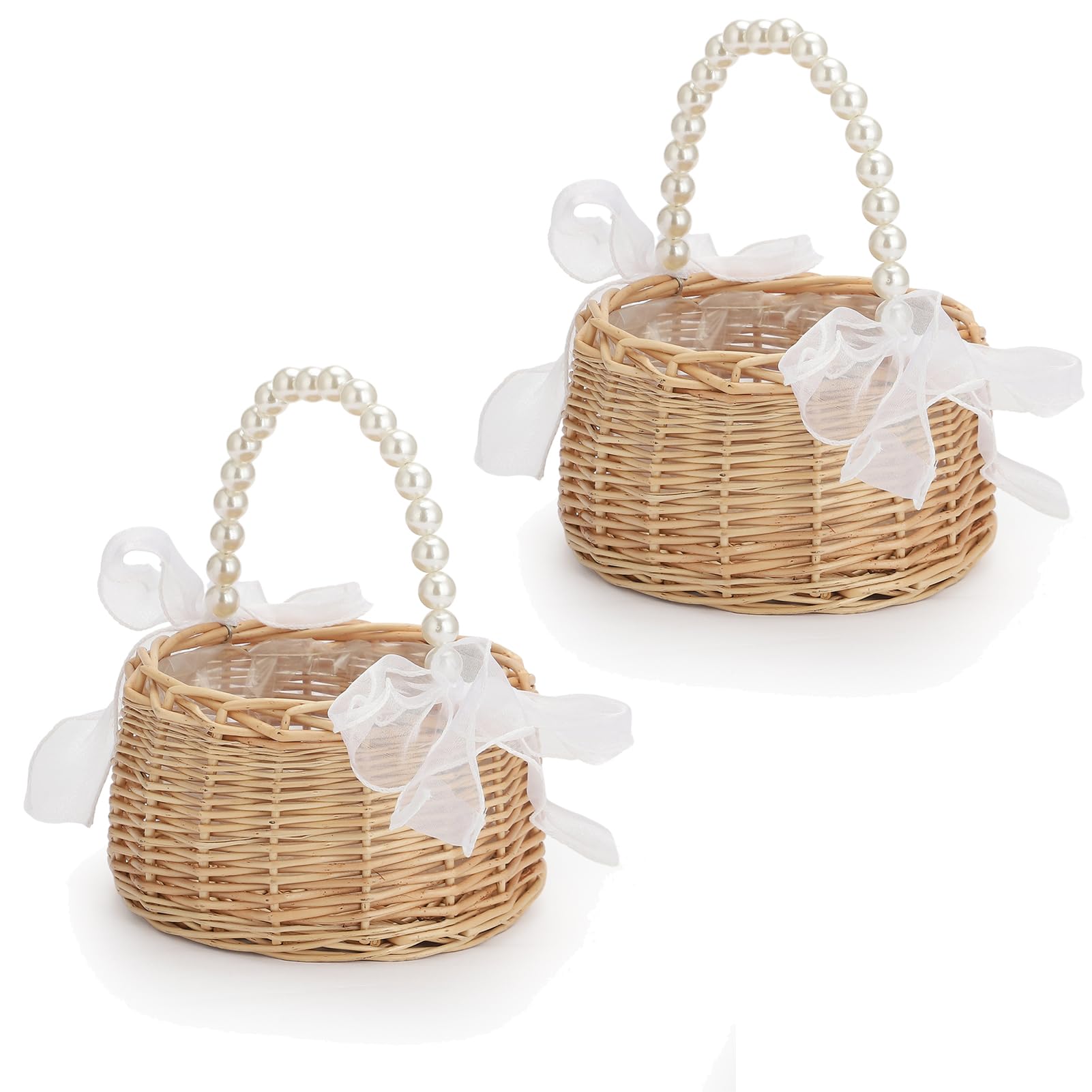 Photo 1 of 2 PCS Wicker Rattan Flower Girl Basket Wedding Flower Girl Basket with Pearl Handle and Bow Fairy Flower Basket Handwoven Easter Basket Wicker Basket for Wedding Flower Girl(Brown)