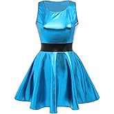 IDOPIP Women's Shiny Metallic Dress Sexy Sleeveless Skater Mini Dress Holographic Party Rave Dance Clubwear Halloween Costume