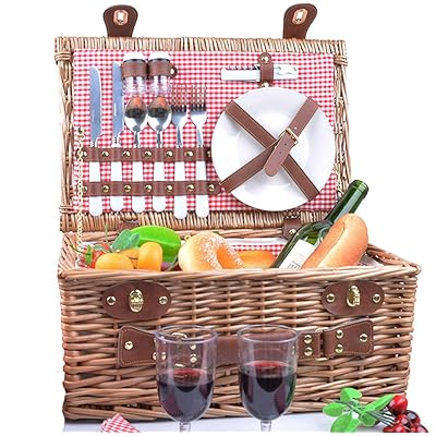 SatisInside New USA Insulated Deluxe 16Kpl Hamper Wicker Picnic Basket Set 2 Henkil&ouml;&auml; - Vahvistettu kahva - Punainen Gingham