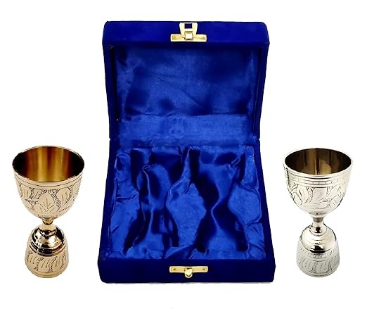 Akanksha Arts Pair of Peg Measure Cup, 30/60 ml, EPNS, with Box (Silver and Golden Engraving Shed)