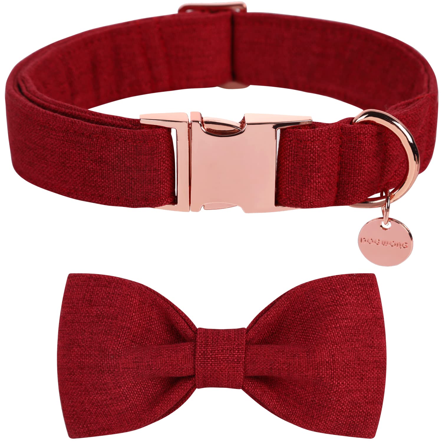 DOGWONG Cotton Dog Collar with Bow tie, Christmas Red Pet Collar Durable Adjustable Wine Red Puppy Dog Collar for Small Medium Large Dogs
