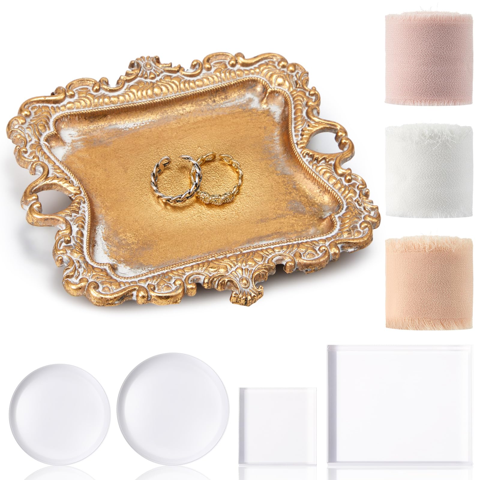 Photo 1 of Cinnvoice 8 Pcs Flat Lay Props Set Include 1 Jewelry Tray Vintage Decor 4 Acrylic Clear Stamp Display Block 3 Wedding Chiffon Silk Ribbon for Bridal Party Decoration Gift (2 Square 2 Round Bases)