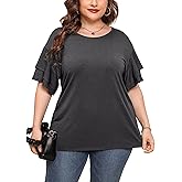 AusLook Plus Size Tunic for Women Double Ruffle Short Sleeve Clothes Loose Fit Clothing Flowy Shirts Summer Tops