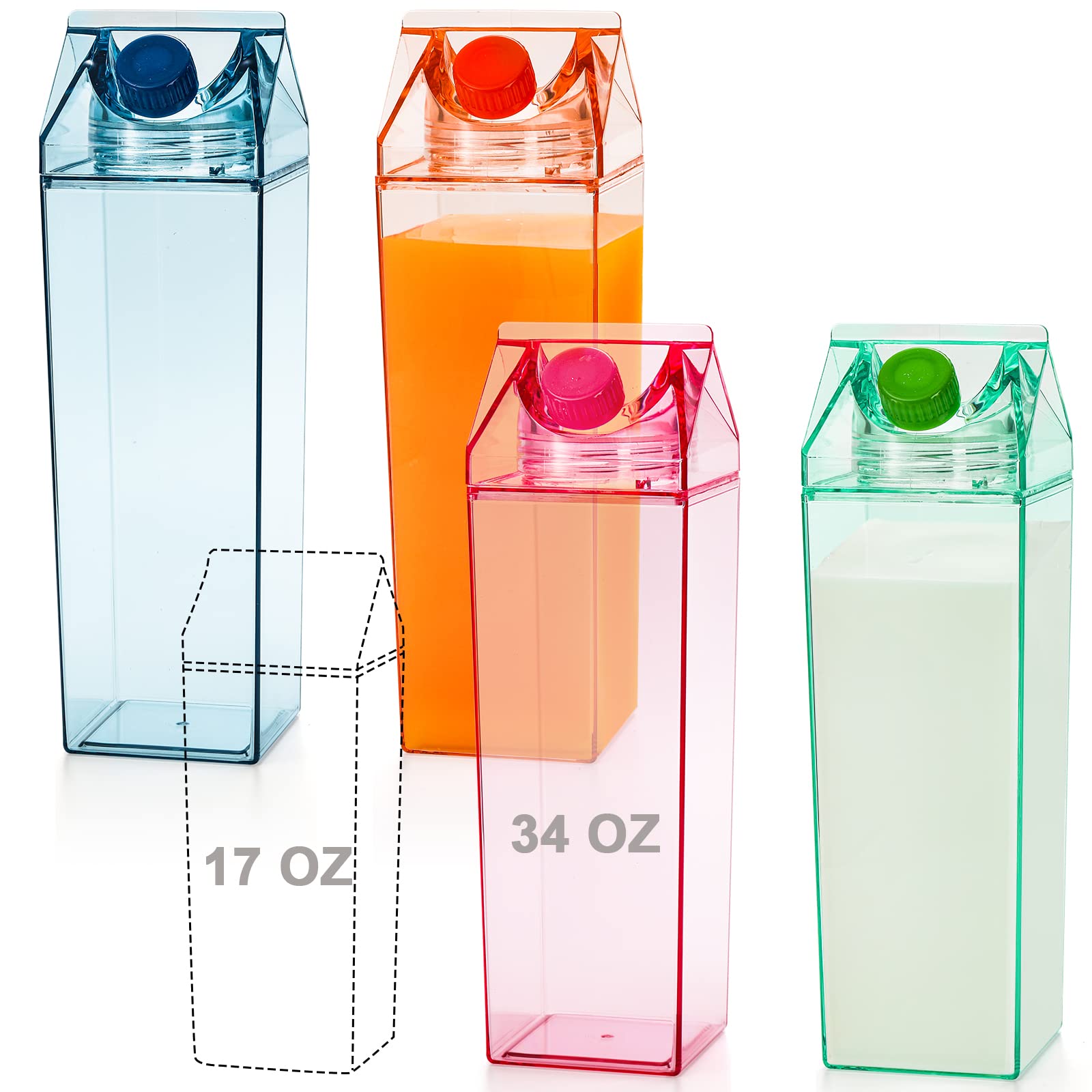 yarlung Set of 4 Milk Carton Water Bottle, 34 Oz/1000ml Colorful Clear Plastic Milk Bottles Leakproof Square Milk Box Portable for Outdoor Sports Travel Camping, 4 Colors
