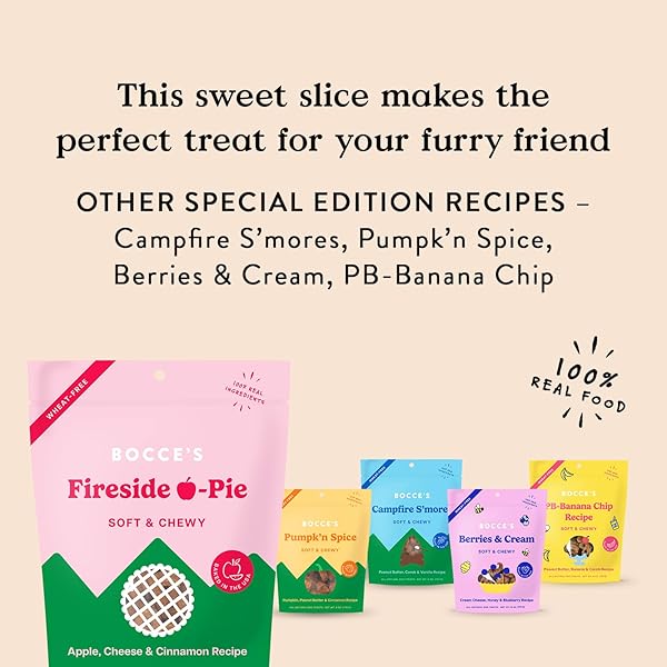 BOCCE’S BAKERY FIRESIDE APPLE PIE TREATS FOR DOGS, WHEAT-FREE EVERYDAY DOG TREATS, MADE WITH REAL INGREDIENTS, BAKED IN THE USA, ALL-NATURAL SOFT & CHEWY COOKIES, APPLES, CHEESE & CINNAMON, 6 OZ