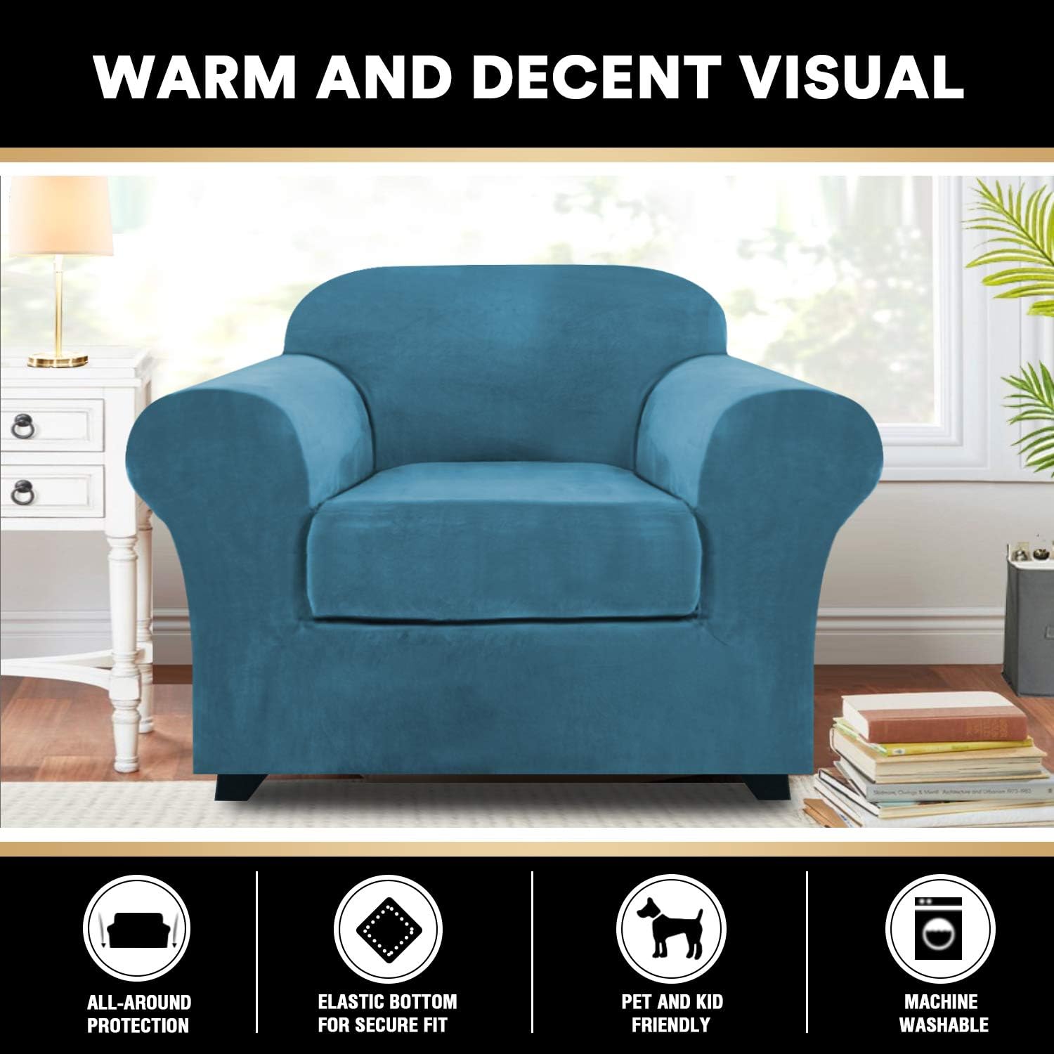 Real Velvet Stretch Chair Covers 2 Piece Armchair Cover Slipcovers - Include Base Cover and Cushion Cover - Sofa Covers Couch Covers 1 Seater Chair Slip Cover, Feature Thick Soft Velour, Blue: Kitchen & Dining