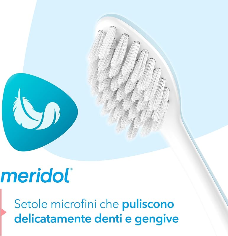 Brosse à dents Meridol Protection des gencives, avec poils doux aux extrémités microfines et filaments coniques I protège contre les irritations des gencives.