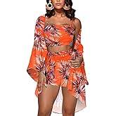 KEYUFANG Women 3 Piece Vocation Outfits Summer Suit Floral Kimono Cardigans Beach Cover Up Crop Cami Top Short Set