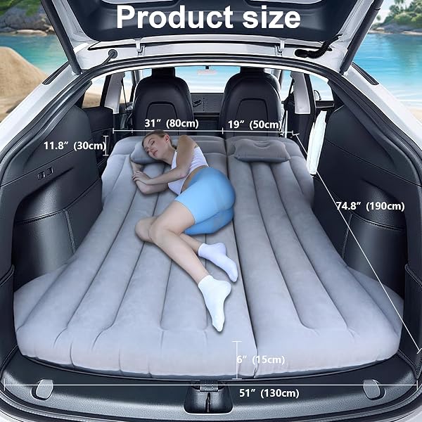 HANDZEE CAR AIR MATTRESS, INFLATABLE BED COMPATIBLE WITH TESLA MODEL Y, THICKENED COMFORTABLE DURABLE, FOLDABLE MATTRESS FOR TRUNK/REAR SEAT, AIR BED FOR SLEEPING CAMPING TRAVEL (GREY)