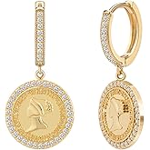 SANNYRA Gold Coin Earrings, Gold Huggie Dangle Earrings for Women, 14K Gold Plated Charm Dainty Hoop Jewelry