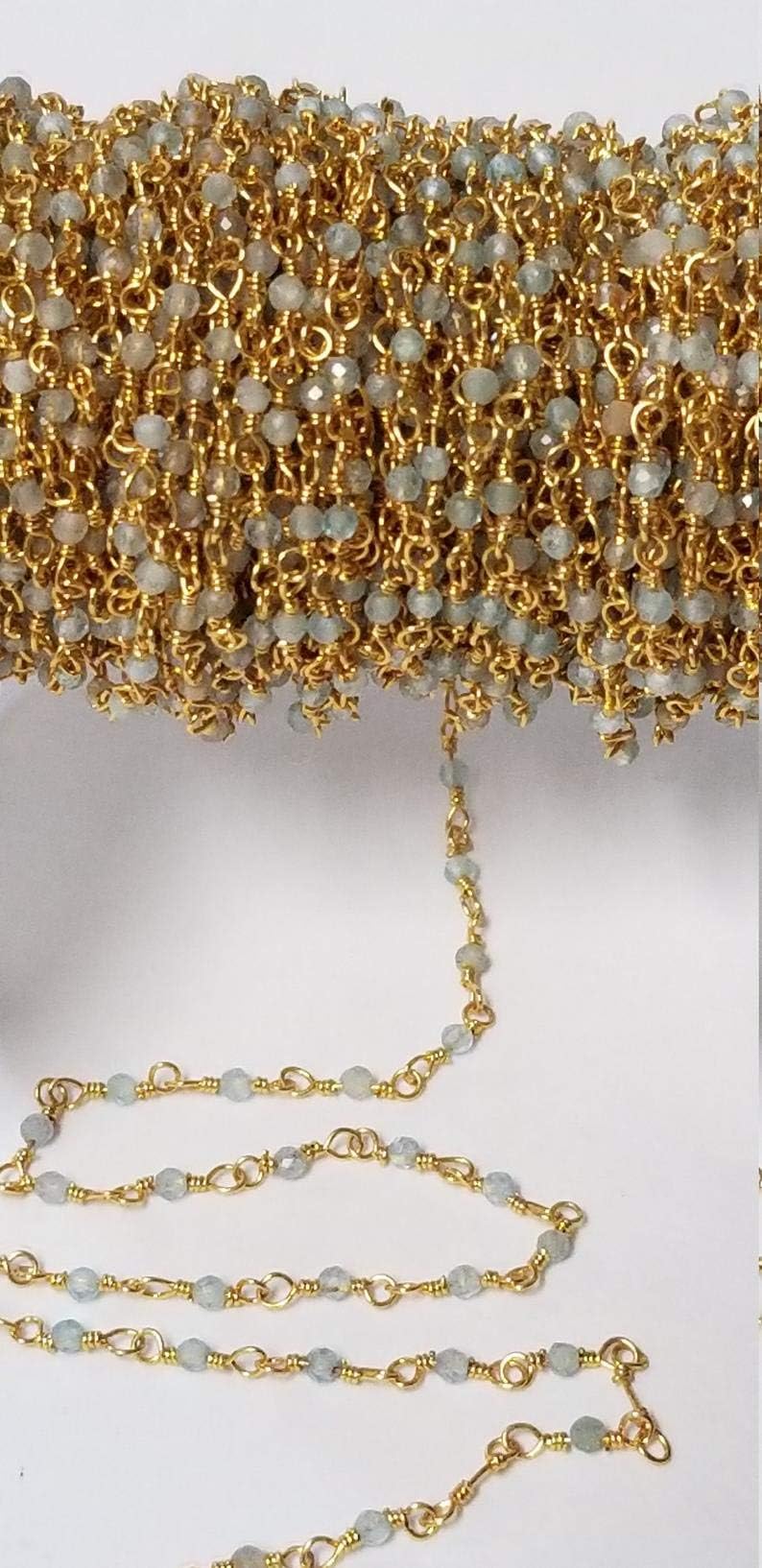Natural Prehnite Bead 2mm 24k Gold Plated Chain, Natural Semi Precious Gemstone Beaded Chain, Jewelry Making Chain