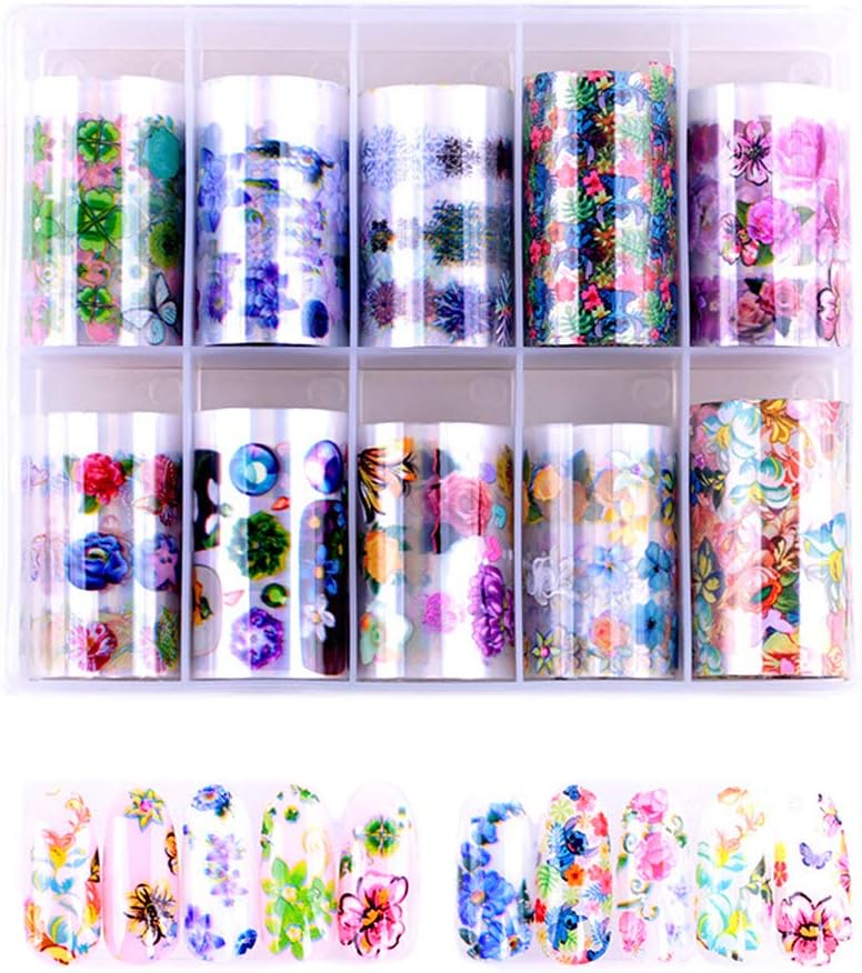 10 Rolls Nail Art Stickers,Kwartz Flower Design Nail Art Foil Adhesive Stickers Nail Foil Transfer Stickers with Storage Case for DIY Nail Art Stencil Decal Stickers