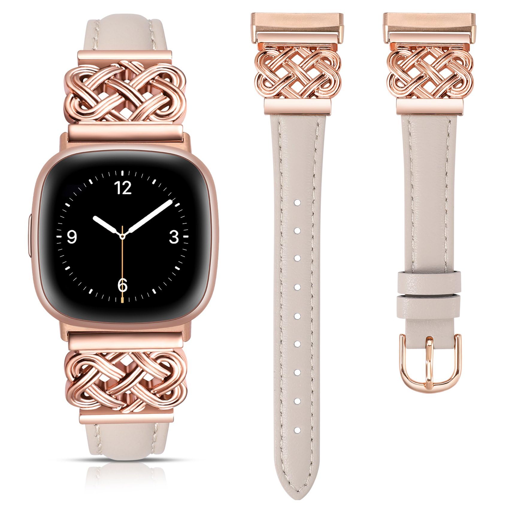 TOYOUTHS Leather Straps Compatible with Fitbit Versa 4/Versa 3/Sense 2 Women, Slim Thin Dressy Designer Premium Leather Strap with Interlock Buckle for Versa 4/Sense 2, Starlight/Rose Gold