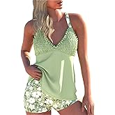 ROSEWE Womens Tankini Bathing Suits, Two-Piece Smocked Swim Dress, Print Swimsuits with Board Shorts
