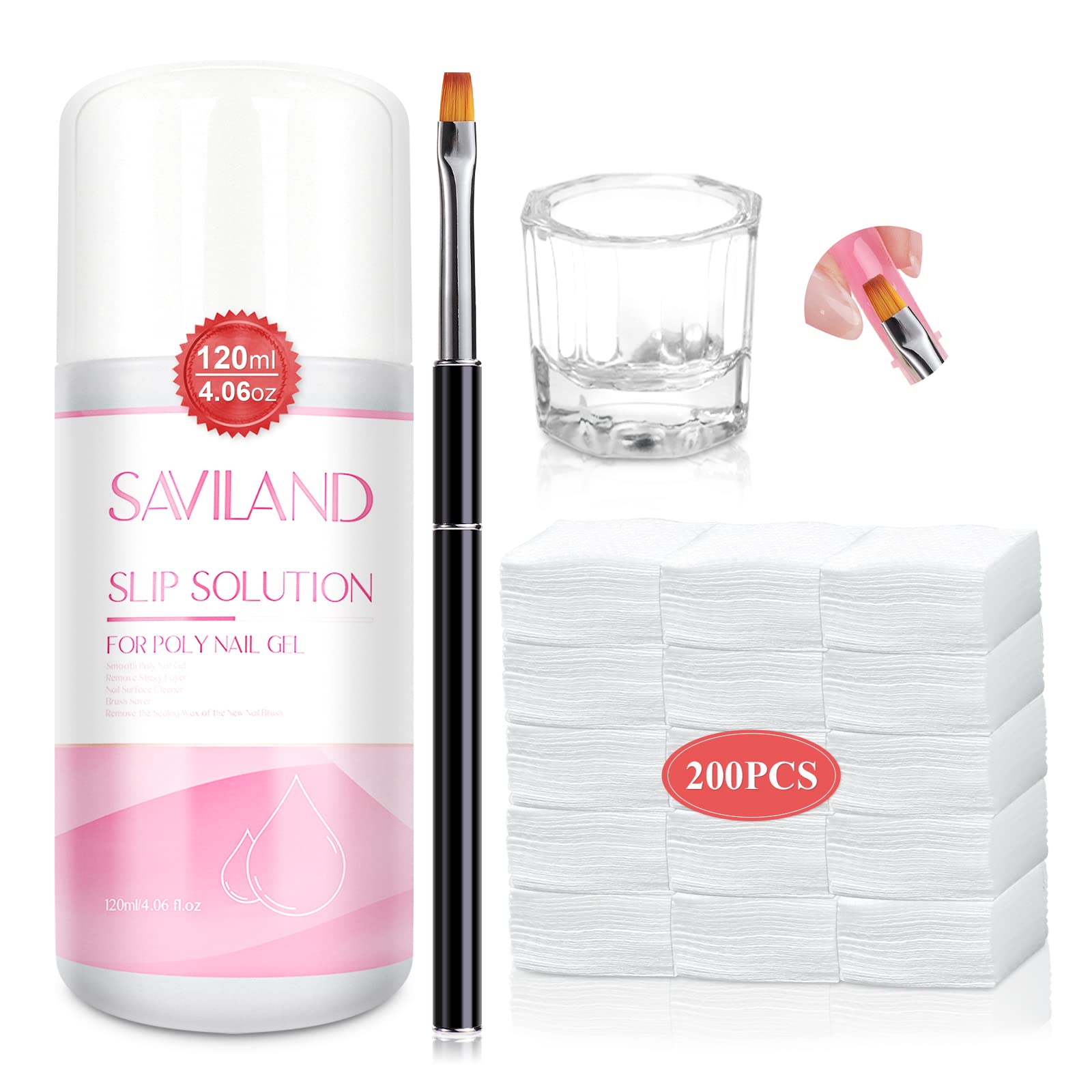 Saviland Poly Gel Slip Solution Kit: 120ML Anti-Stick Nail Thickening Solution for Builder Nails Gel Nail Polish Acrylic Powder Sticky Layer Remover Nail Brush Cleaning Pad Dappen Dish Nails Cleaner