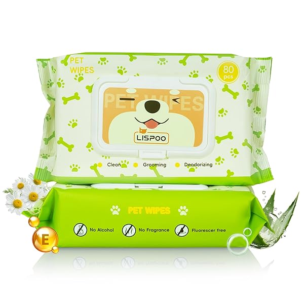 RIXBEO UNSCENTED HYPOALLERGENIC PET WIPES – DEODORIZING CLEANING WIPES FOR DOGS & CATS, ALCOHOL-FREE & PH BALANCED, THICK & LARGE WIPES FOR PAWS, BODY, BUM & FACE, 80 COUNT