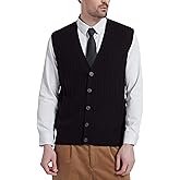 Kallspin Men's Cable Knit Sweater Vest Wool Blend V Neck Button Down Sleeveless Cardigan Vest