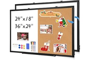[24" x 18"] WALGLASS Dry Erase and Bulletin Boards Combo, Magnetic White Board Cork Board for Wall, Whiteboard & Corkboard Combination with Aluminum Frame, for Home, Classroom, Office