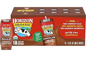 Horizon Organic Shelf Stable 1% Lowfat Chocolate Milk Boxes, 8 fl oz, 18 Count - 8g Protein per Serving, USDA Organic UHT from Pasture-Raised Cows, Ready to Drink for Lunchbox, Travel, or On-the-Go, No Refrigeration Needed