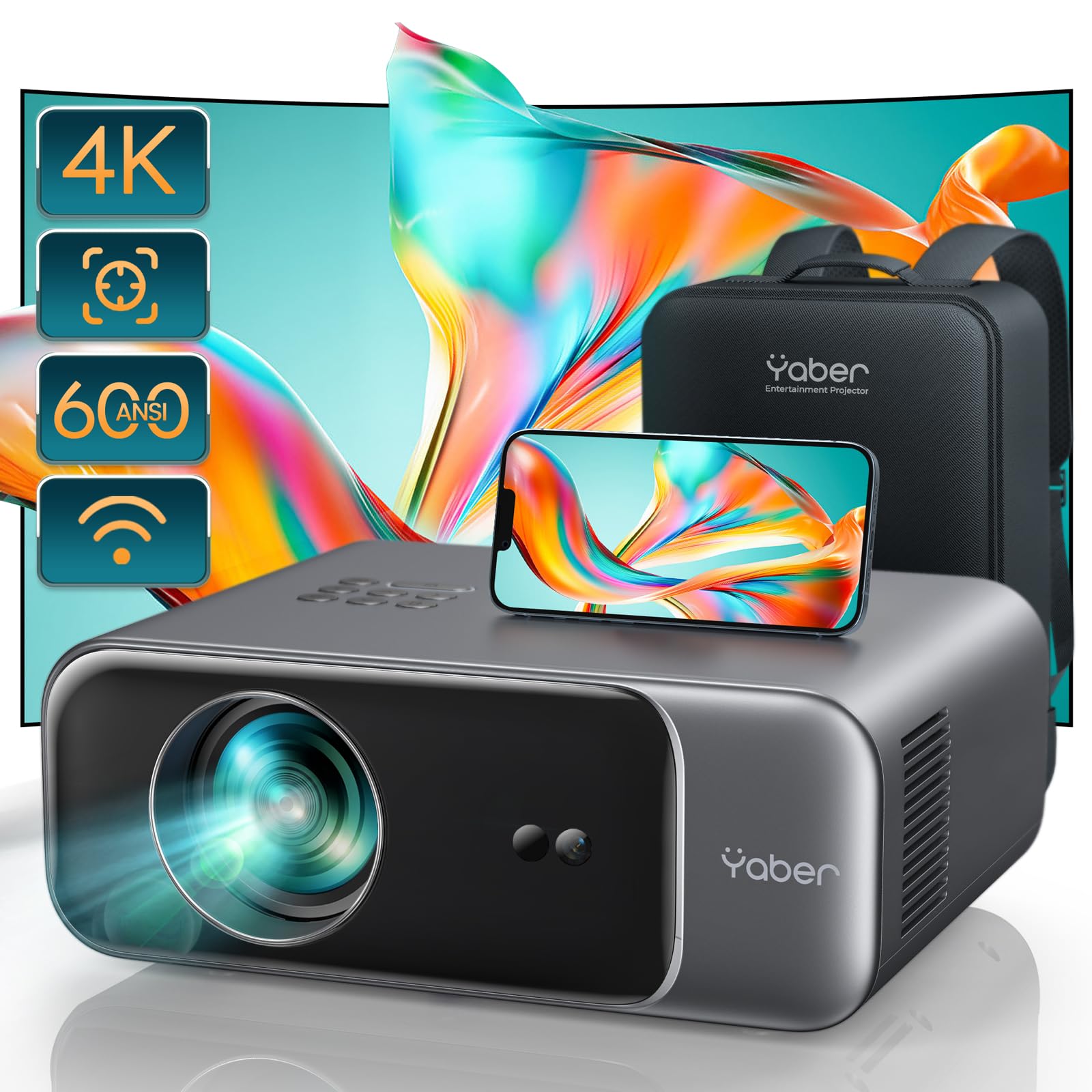 Photo 1 of [Auto Focus/4K Support] Projector with WiFi 6 and Bluetooth 5.2, YABER Pro V9 600 ANSI Native 1080P Outdoor Movie Projector, Auto 6D Keystone & 50% Zoom, Home Theater Projector for Phone/TV Stick/PC