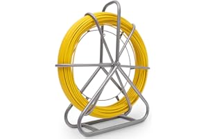 GCCSJ 425FT Fish Tape Fiberglass 1/4 inch(6MM) Fishing Wire Puller Duct Rodder Cable Running Electrical Fishtape Tool Rod with Steel Reel Stand through Wall Pipe Length Marking In Meter