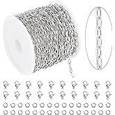 KYUNHOO 32.8 Feet 304 Stainless Steel Chain Bulk Silver Paperclip Chains for Jewelry Making Soldered Flat Oval Chains Link on Spool Paper Clip Chain Roll with Lobster Clasps and Jump Rings