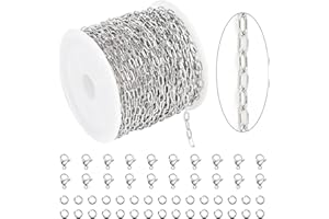 KYUNHOO 32.8 Feet 304 Stainless Steel Chain Bulk Silver Paperclip Chains for Jewelry Making Soldered Flat Oval Chains Link on Spool Paper Clip Chain Roll with Lobster Clasps and Jump Rings