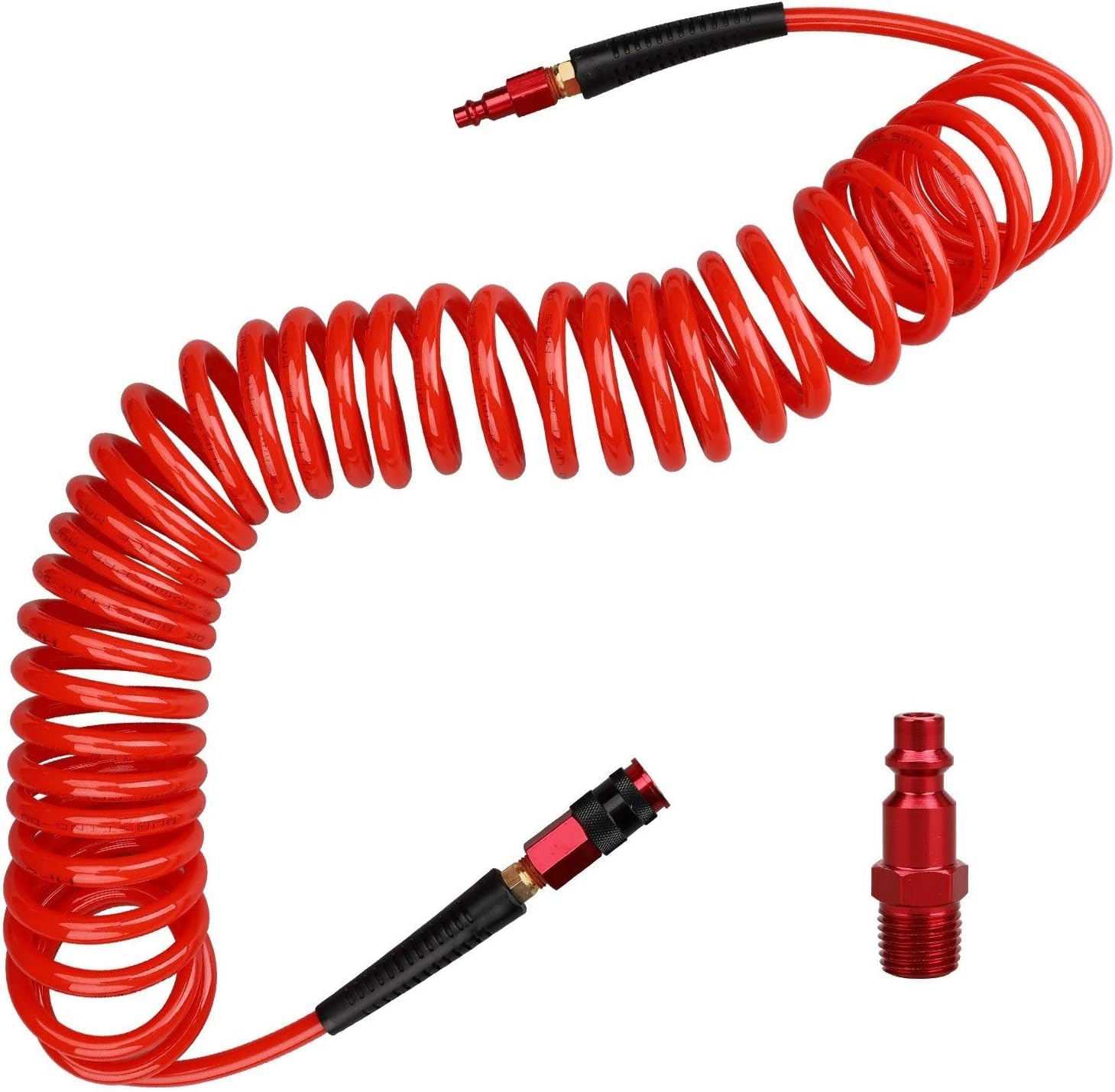Photo 1 of 1/4 in x 25 ft Polyurethane Recoil Air Hose with Bend Restrictors Compressor Hose with 1/4" Industrial Universal Quick Coupler and I/M Plug Kit, Red