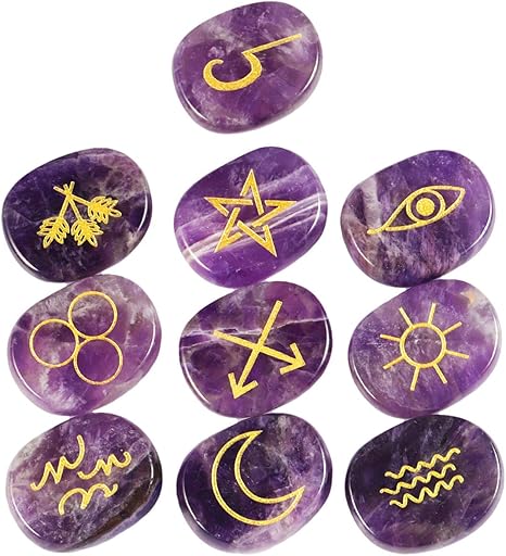 Amazon Com Mookaitedecor Amethyst Witches Runes Set Of 10 Healing Crystal Stone With Engraved Gypsy Symbol For Meditation Divination Home Kitchen