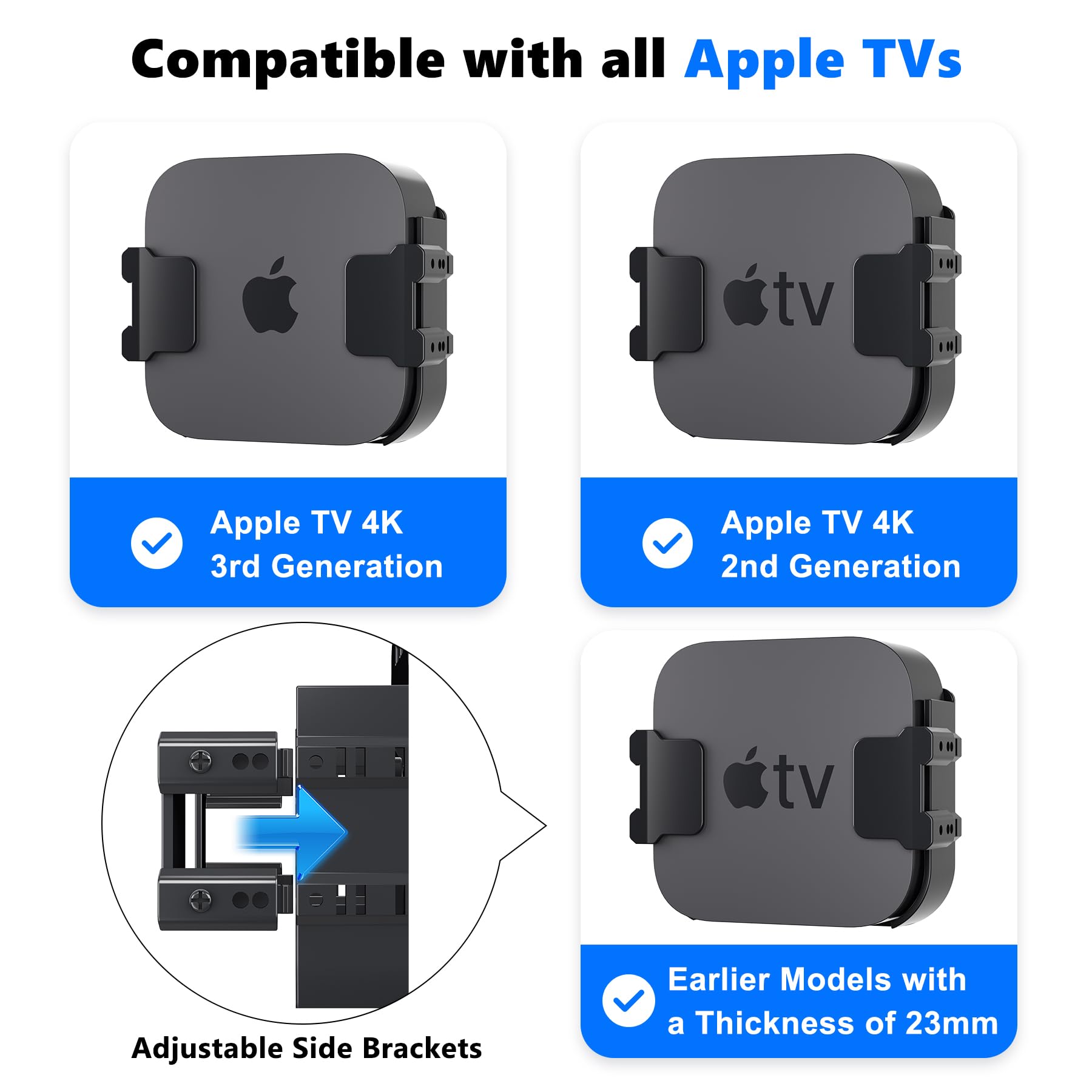 Behind TV Apple TV Mount, Apple TV Bracket Holder for Wall and Back of All Brand and Size Television, Compatible with All Apples TVs Generations (Including All 4K Models)