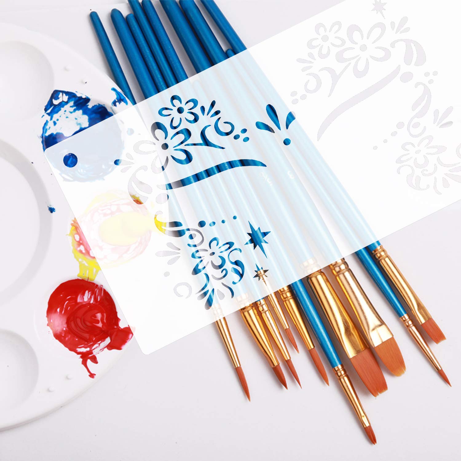 LLGLTEC 13 Pieces Face Painting Stencils Kit Reusable Face Paint Stencils for Face Art, Halloween Makeup with 10 Pieces Round Pointed Tip Nylon Hair Brush Set, 5 Pieces Mandala Dot Painting Stencils