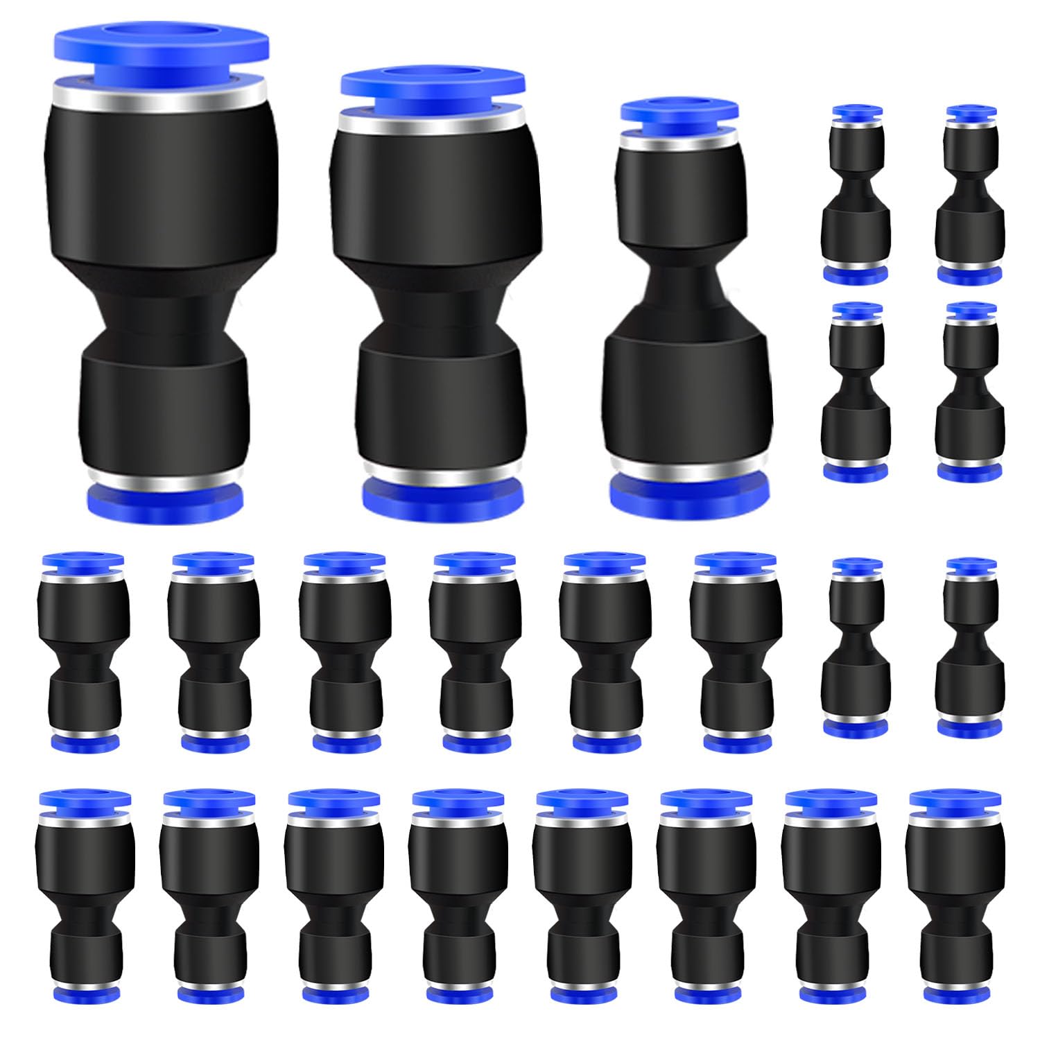 Photo 1 of mankk 20PCS Reducer Push to Connect Fittings 3 Sizes 1/4" OD x 3/8" 5/16" 1/8"OD Quick Connect Air Hose Fittings Straight Reducer Union Reducing Coupler