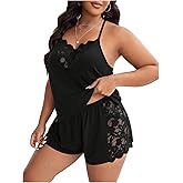COZYEASE Women's Plus Size Pajama Set Lace Sleeveless Halter V Neck Tops and Shorts Lounge Set Nightwear