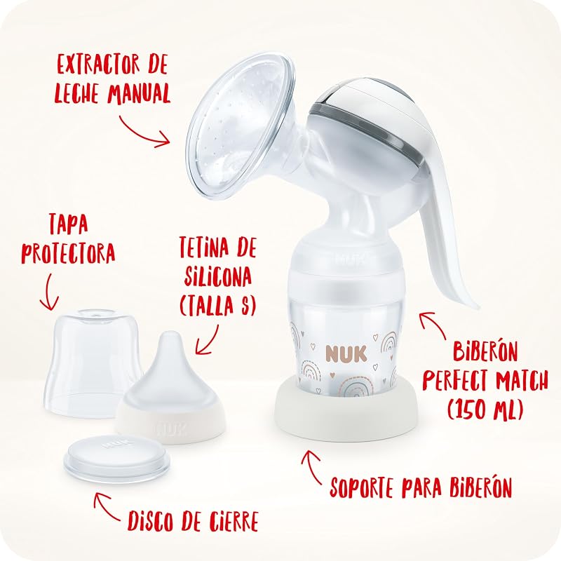 Sacaleches manual NUK | Almohadilla de silicona suave | Palanca ergonómica | Con biberón Perfect Match | 150ml