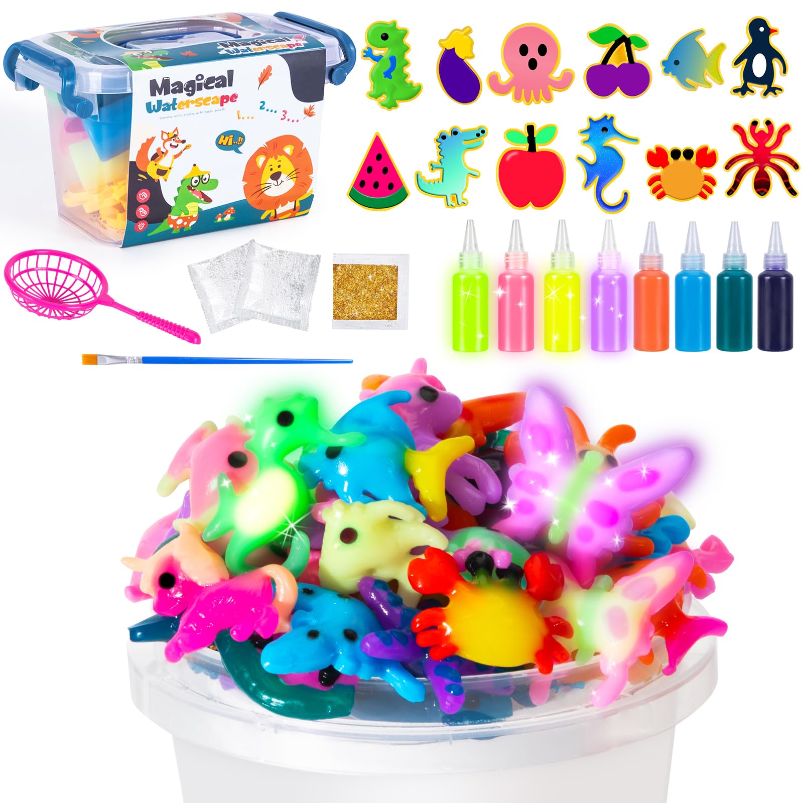 Ltteaoy Glow in The Dark Water Gel Magic, Magic Elves Kit with 12 Creatures,Water Bead Sensory Squishy Toys for 3+ Girls Boys,19PCS 3D Aqua Park Set Educational Toys for Kids Birthday Gift
