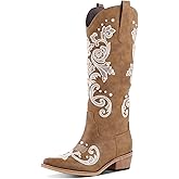 Krypthixor Cowboy Boots with Bow Knee High Embroidered Cowgirl Boots for Women Chunky Heel Pointed Toe Western Boot with Pearl for Dressy Party Country Night