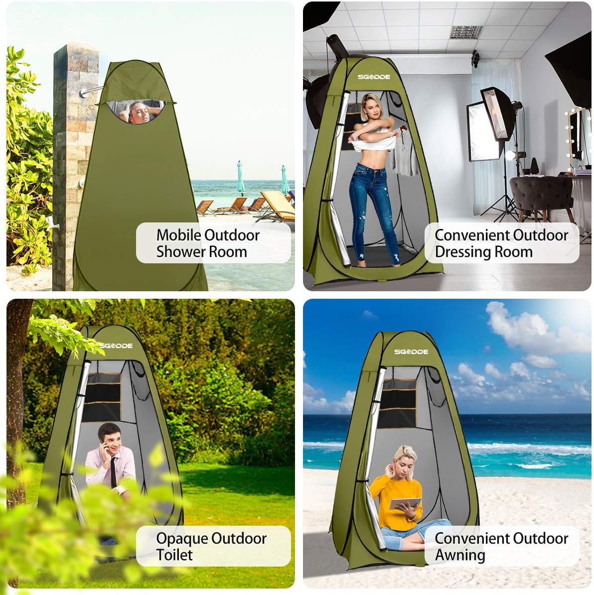 SGODDE Pop Up Privacy Shower Tent,Instant Portable Outdoor Shower Tent Camp Toilet, Changing Room, Rain Shelter with Carry Bag for Camping Hiking Beach Toilet Shower Bathroom Green: Sports & Outdoors