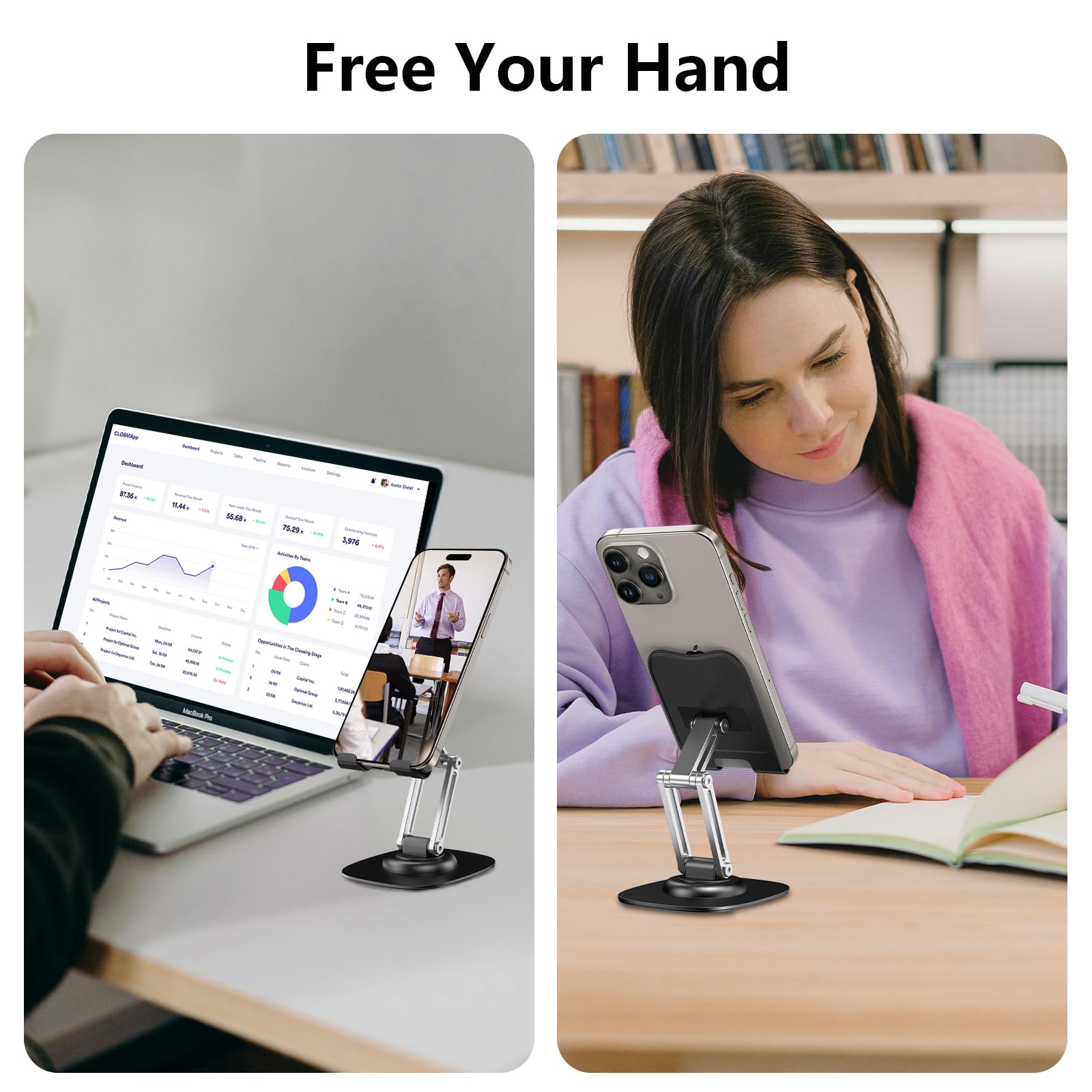 CreaDream Cell Phone Stand for Desk, Aluminum Phone Holder with 360 Rotating Metal Base, Foldable & Portable Desktop Phone Holder Compatible with iPhone 16 15 14 13 Pro Samsung All 4.7-8 inch Phones